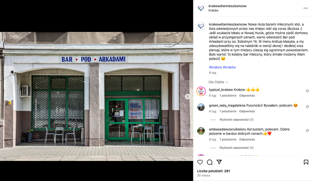 Bar mleczny Kraków - główne wejście Baru Pod Arkadami