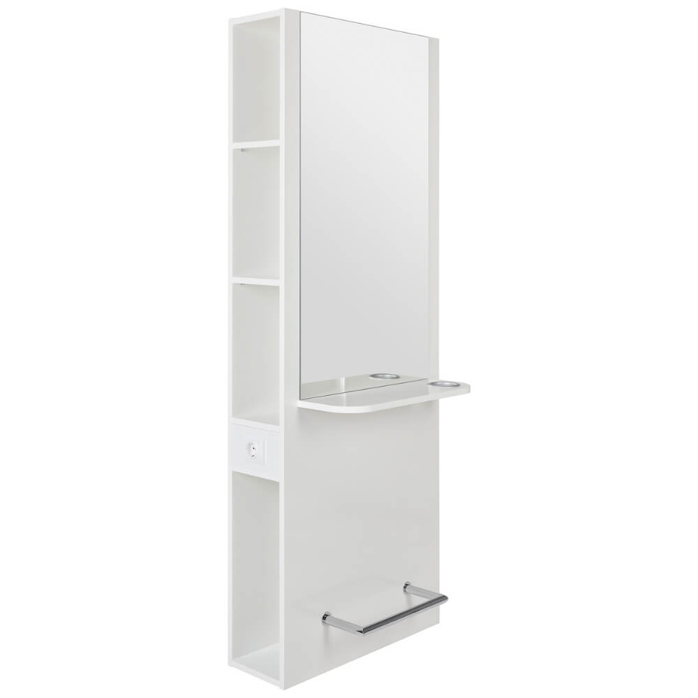 nowoczesny mały salon fryzjerski z konsoletą z półkami