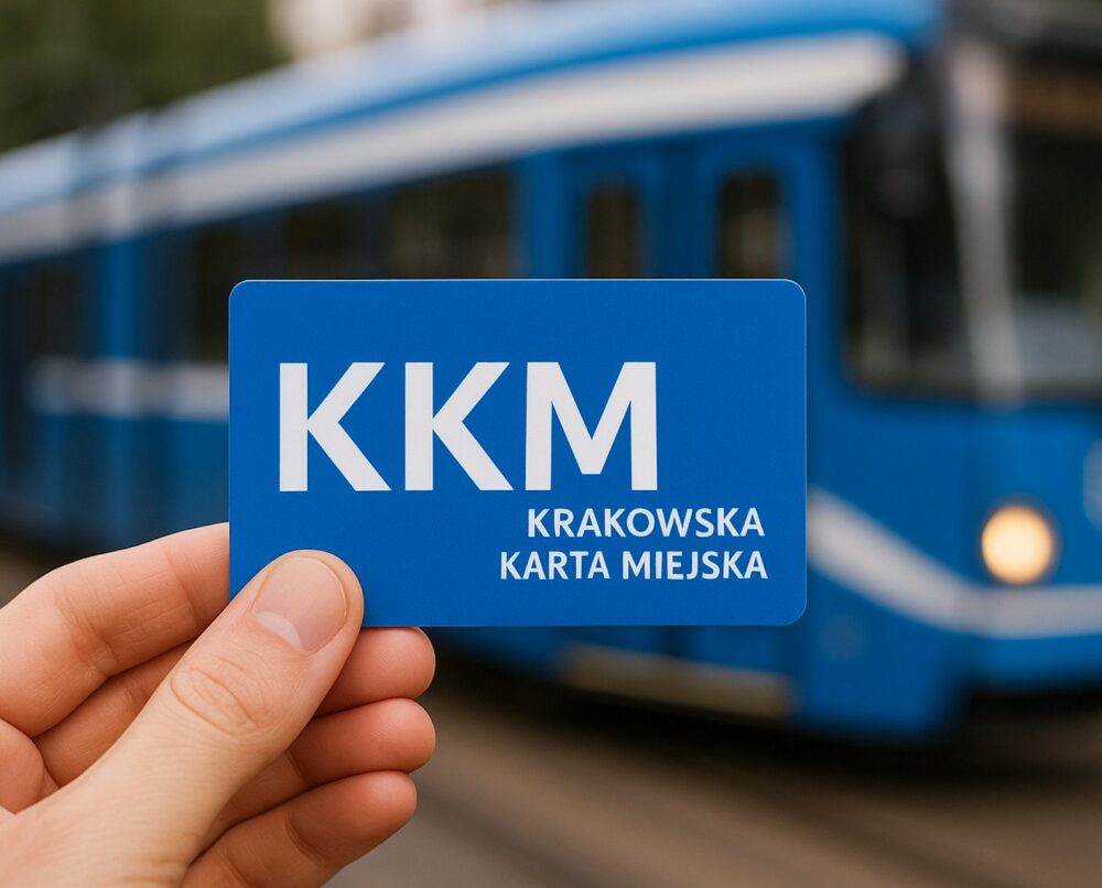 krakowska karta miejska trzymana w ręce na tle tramwaju