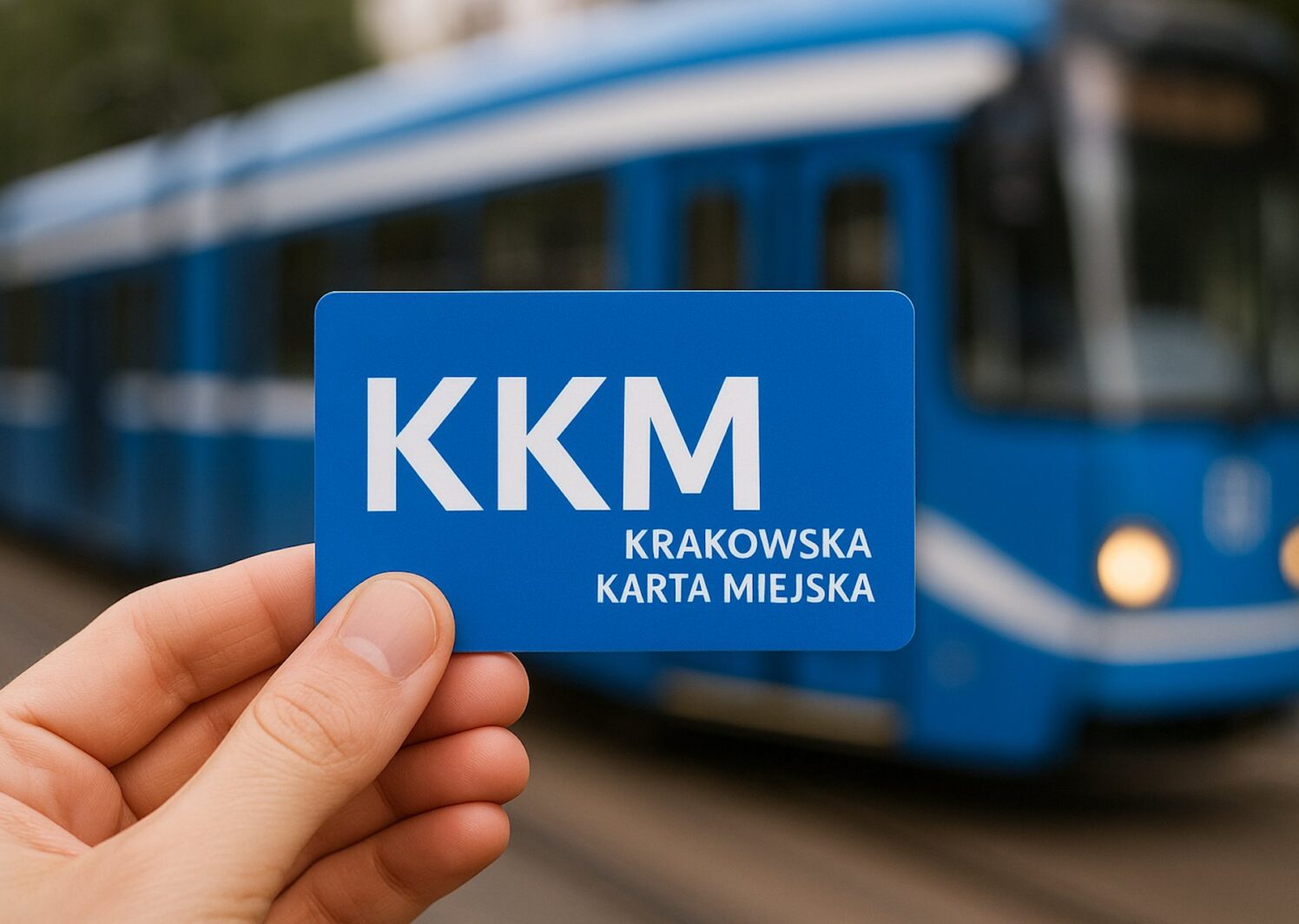 krakowska karta miejska trzymana w ręce na tle tramwaju