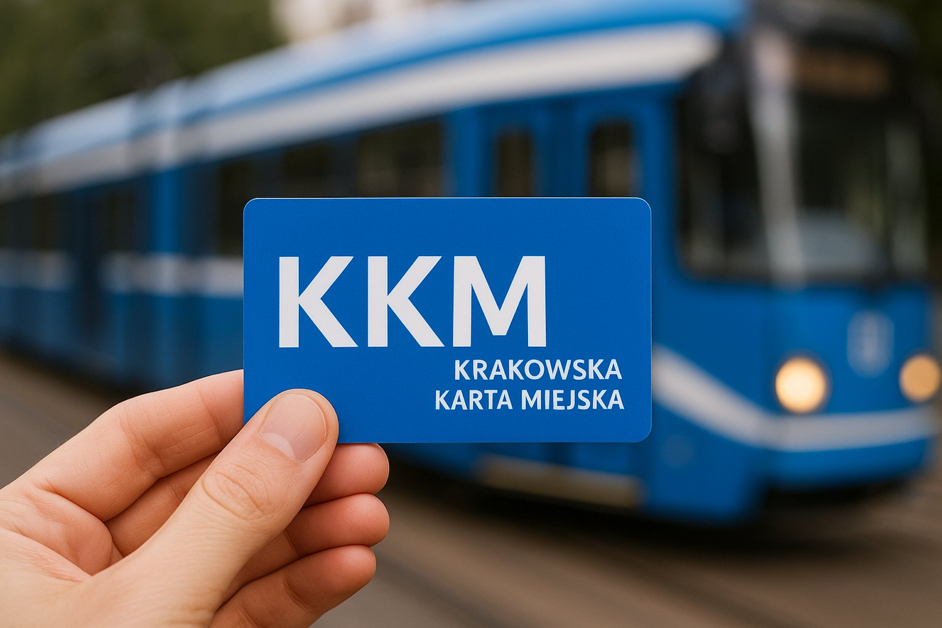 krakowska karta miejska trzymana w ręce na tle tramwaju