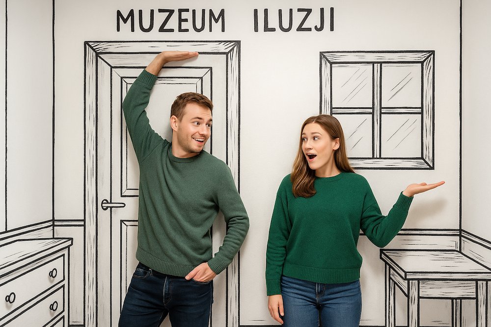 pokój imitujący rysunek i dwoje zaskoczonych ludzi 