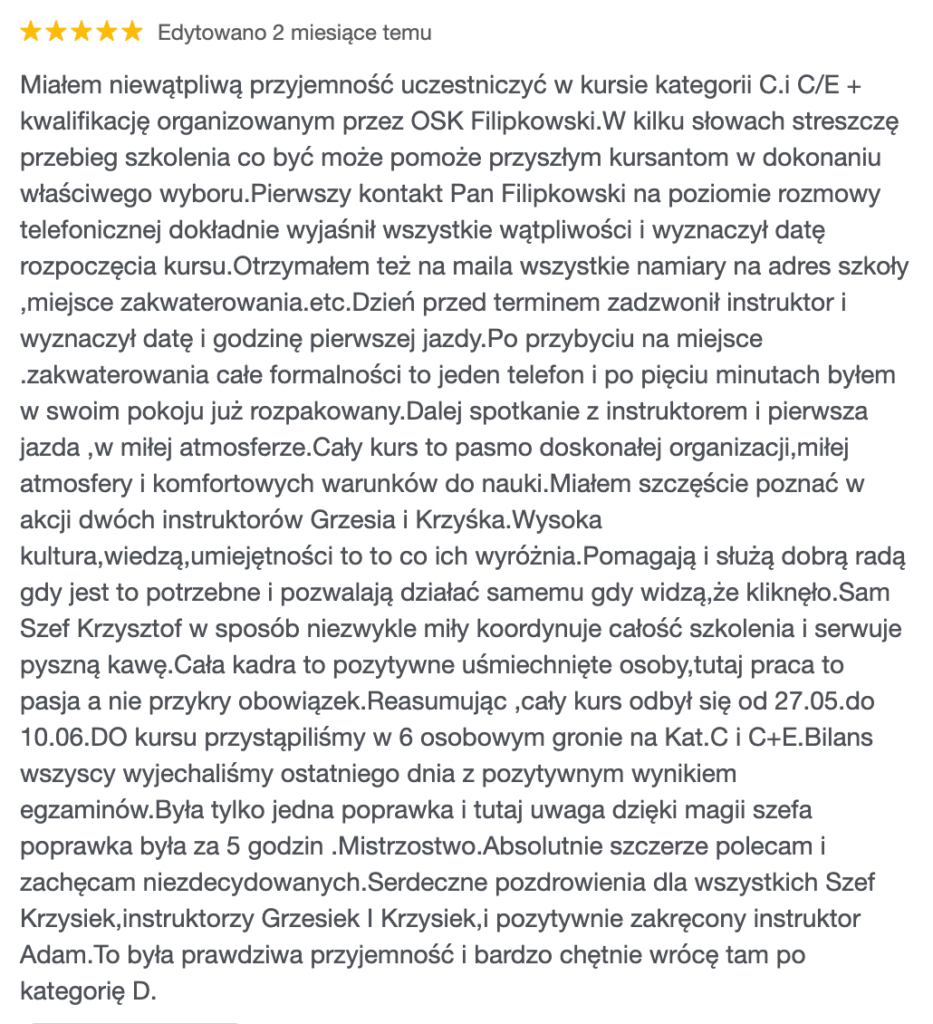 Wczasy z prawem jazdy – opinie o tym szkoleniu Opinia o wczasach z prawem jazdy w OSK Filipkowski