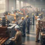 ludzie obsługujący maszyny w fabryce