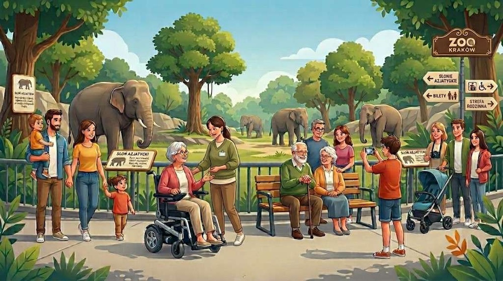 różnorodni ludzie w zoo na grafice 