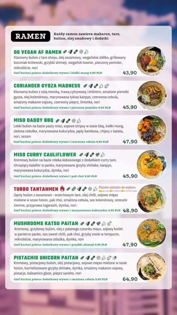 menu lokalu Vegan AF Ramen w Krakowie
