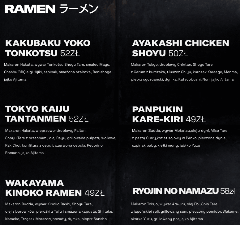Menu lokalu Yōko w Krakowie