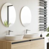 dwie umywalki z okrągłymi lustrami