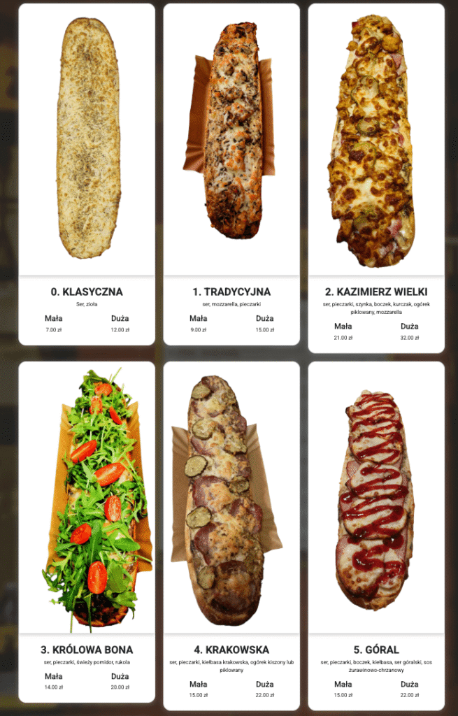 cennik zapiekanek baroko menu zapiekanki Lajkonik