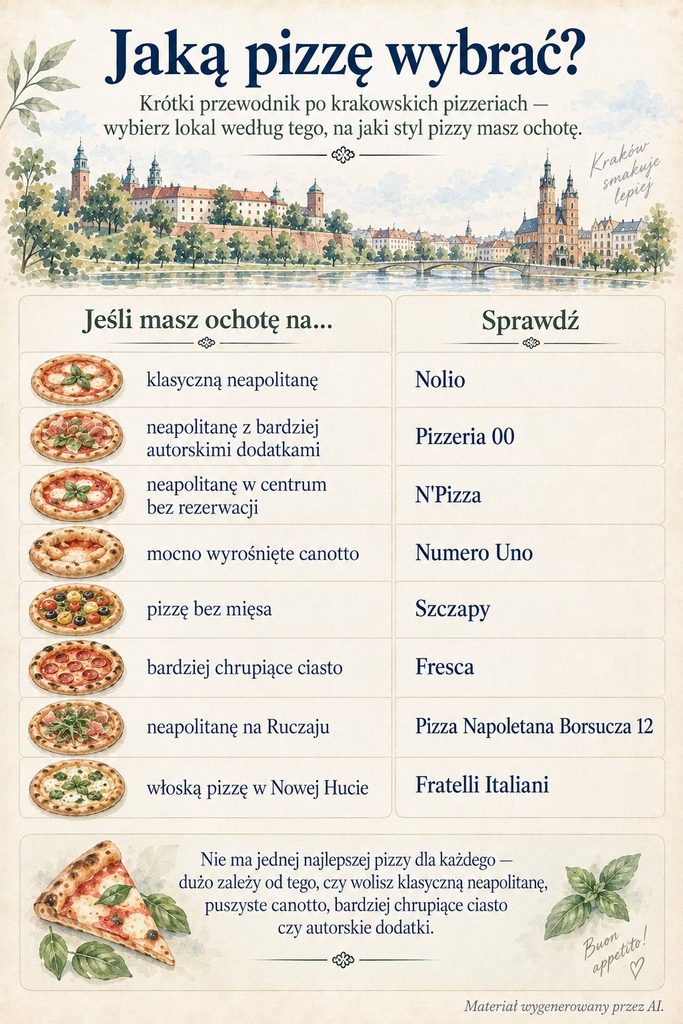 Jaką pizzę wybrać w Krakowie – przewodnik po stylach i pizzeriach Najlepsza pizza w Krakowie – infografika pomagająca wybrać pizzerię według stylu