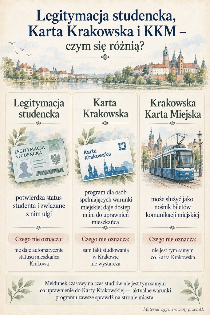 Infografika porównująca legitymację studencką, Kartę Krakowską i Krakowską Kartę Miejską