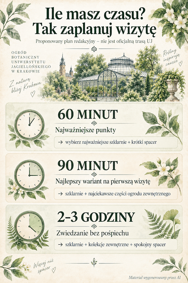 Ogród Botaniczny Kraków – plan wizyty na infografice Ogród Botaniczny Kraków – plan wizyty w zależności od dostępnego czasu